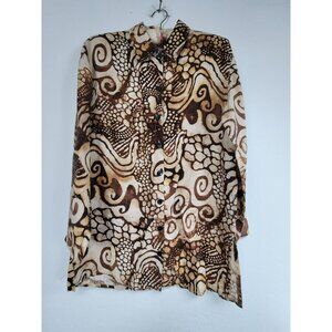 Chico's Womens Button-Up Abstract Print Long-Sleeve Linen Tunic Shirt Sz 1 Brown